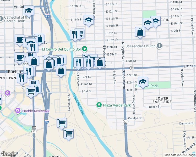 map of restaurants, bars, coffee shops, grocery stores, and more near 208 North Glendale Avenue in Pueblo