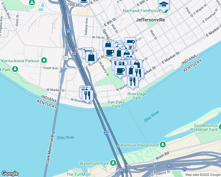 map of restaurants, bars, coffee shops, grocery stores, and more near 320 West Market Street in Jeffersonville