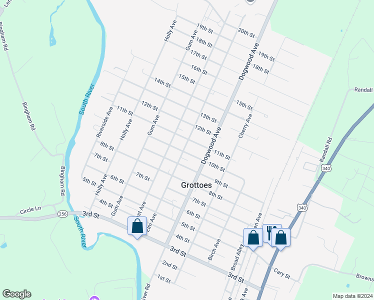 map of restaurants, bars, coffee shops, grocery stores, and more near 408 10th Street in Grottoes