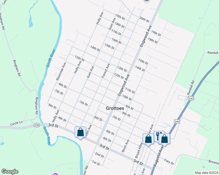 map of restaurants, bars, coffee shops, grocery stores, and more near 408 10th Street in Grottoes