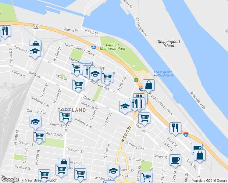 map of restaurants, bars, coffee shops, grocery stores, and more near 2308 Portland Ave in Louisville