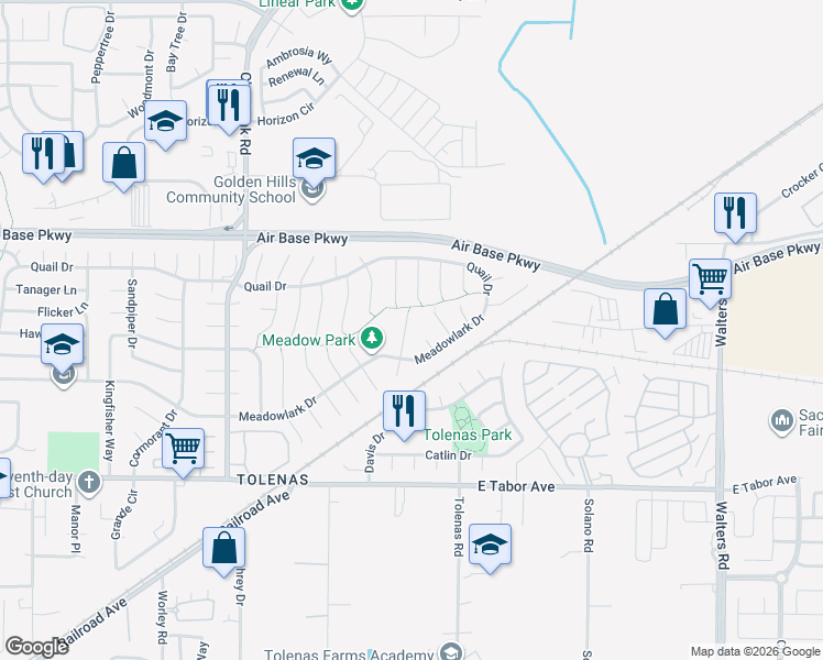 map of restaurants, bars, coffee shops, grocery stores, and more near 2134 Audubon Court in Fairfield