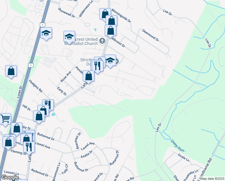 map of restaurants, bars, coffee shops, grocery stores, and more near Alliance Way in Fredericksburg