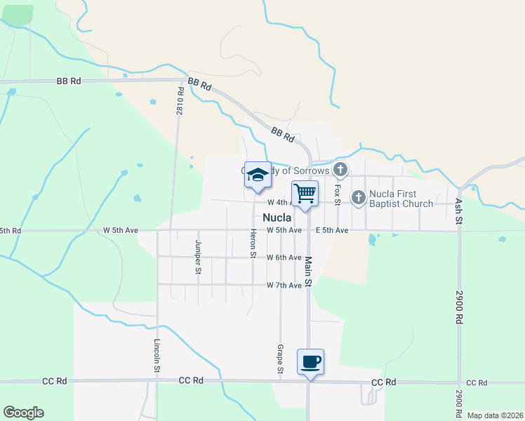 map of restaurants, bars, coffee shops, grocery stores, and more near 440 Heron Street in Nucla