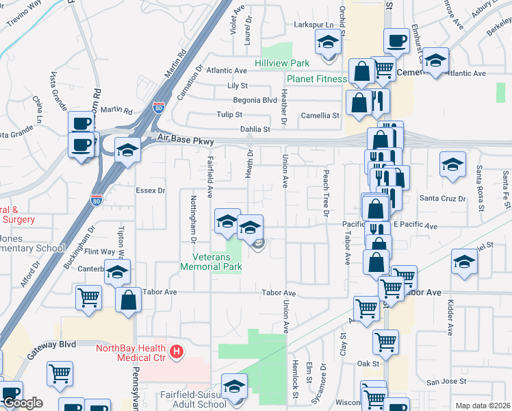 map of restaurants, bars, coffee shops, grocery stores, and more near 2256 Dorset Lane in Fairfield