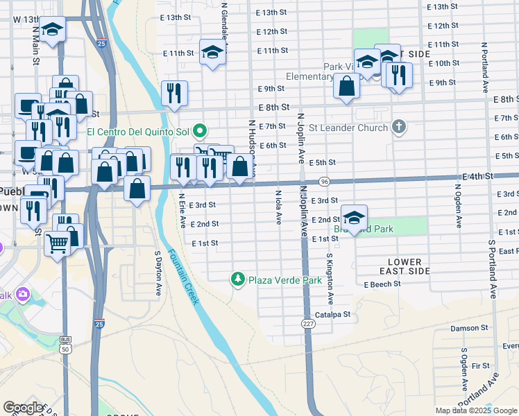 map of restaurants, bars, coffee shops, grocery stores, and more near 901 East 2nd Street in Pueblo