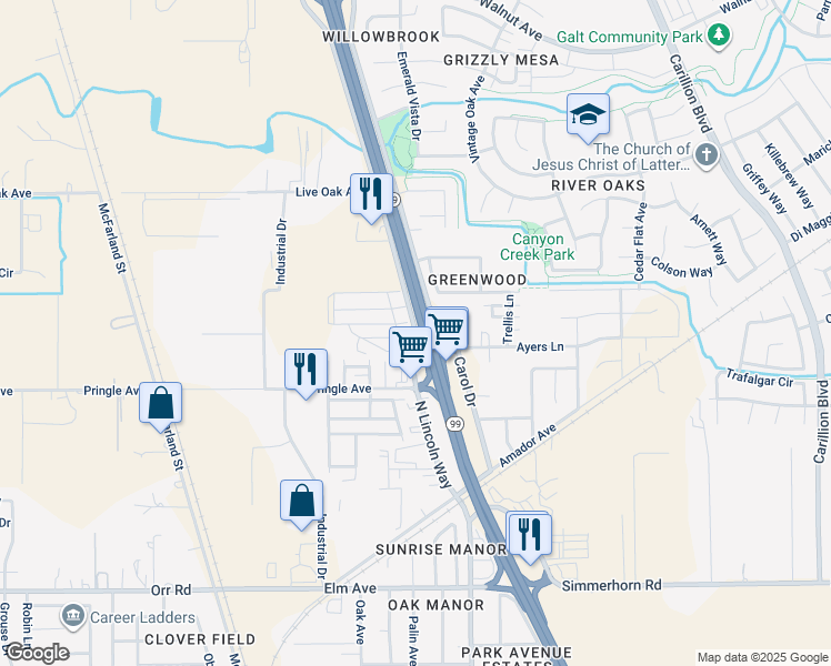 map of restaurants, bars, coffee shops, grocery stores, and more near 820 North Lincoln Way in Galt