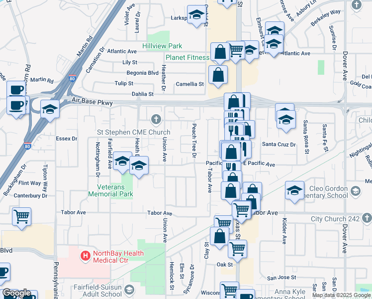map of restaurants, bars, coffee shops, grocery stores, and more near 2203 Peach Tree Drive in Fairfield