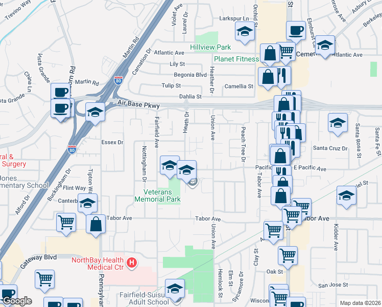 map of restaurants, bars, coffee shops, grocery stores, and more near 828 Heath Court in Fairfield