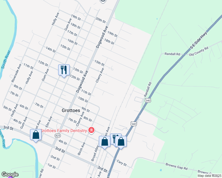 map of restaurants, bars, coffee shops, grocery stores, and more near 104 12th Street in Grottoes