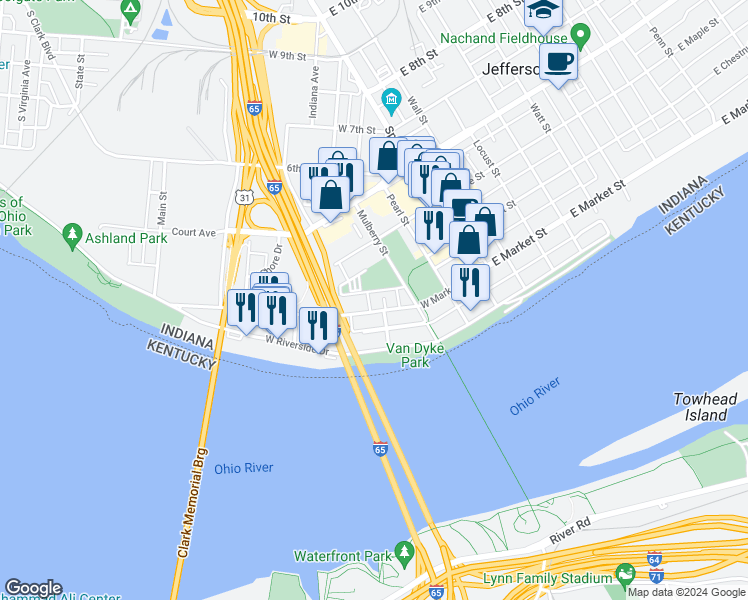 map of restaurants, bars, coffee shops, grocery stores, and more near 408-460 West Market Street in Jeffersonville
