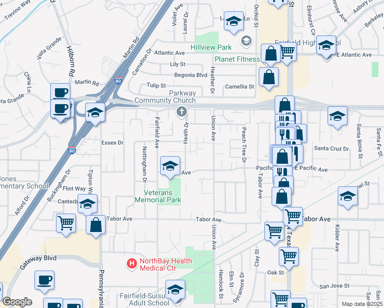 map of restaurants, bars, coffee shops, grocery stores, and more near 2256 Dorset Lane in Fairfield
