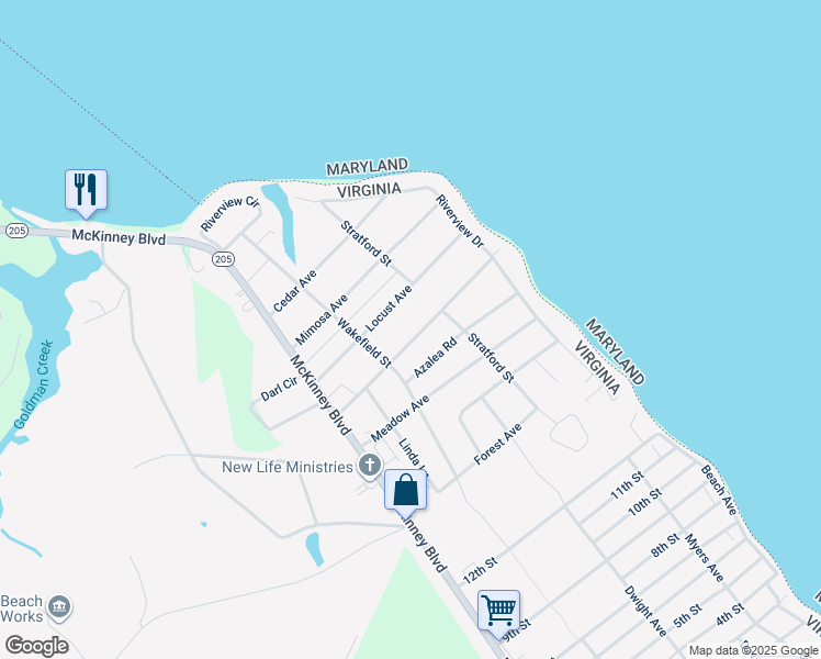 map of restaurants, bars, coffee shops, grocery stores, and more near 211 Santa Maria Avenue in Colonial Beach