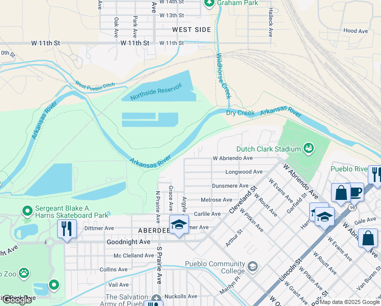 map of restaurants, bars, coffee shops, grocery stores, and more near 1341 West Abriendo Avenue in Pueblo