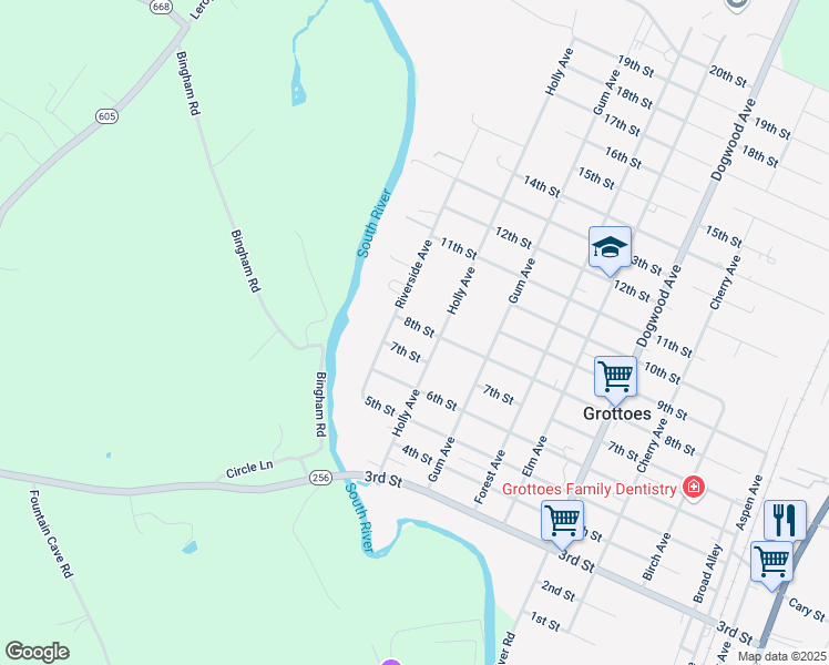 map of restaurants, bars, coffee shops, grocery stores, and more near 806 7th Street in Grottoes