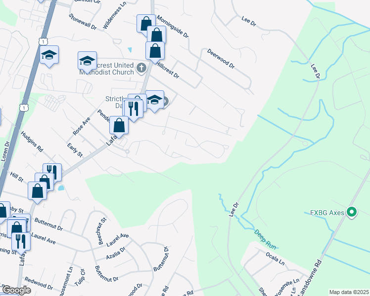 map of restaurants, bars, coffee shops, grocery stores, and more near 12 Manchester Court in Fredericksburg