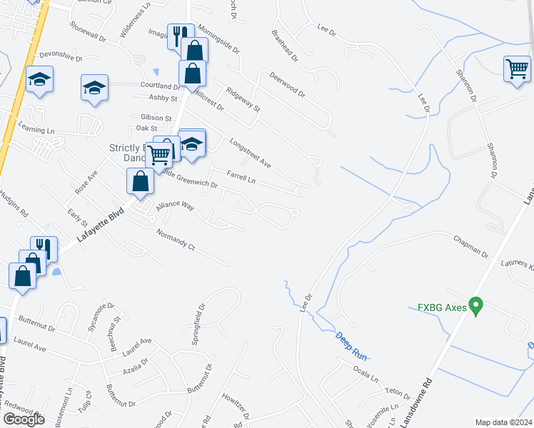 map of restaurants, bars, coffee shops, grocery stores, and more near 411 Olde Greenwich Circle in Fredericksburg