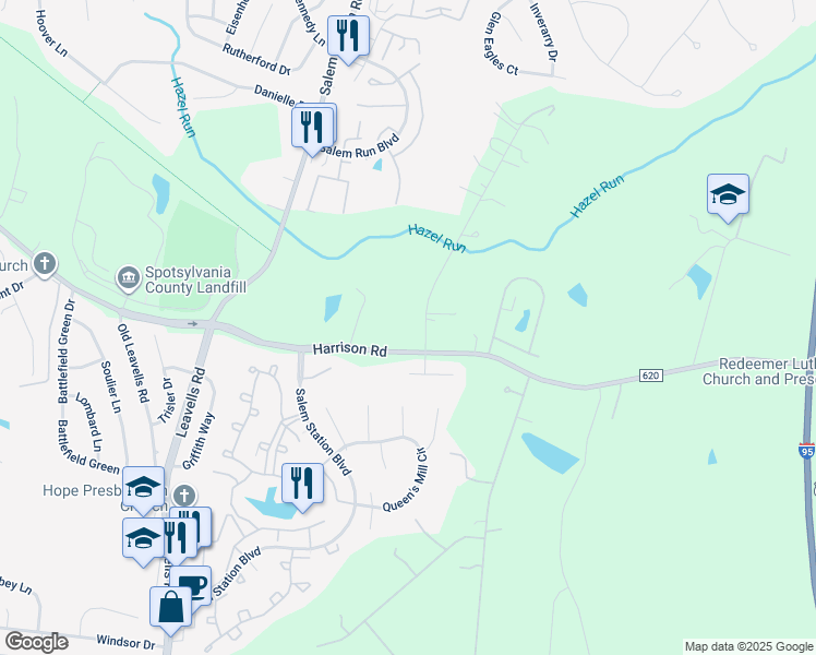map of restaurants, bars, coffee shops, grocery stores, and more near 1 Twin Springs Drive in Fredericksburg
