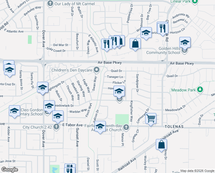 map of restaurants, bars, coffee shops, grocery stores, and more near 1018 Hawk Lane in Fairfield