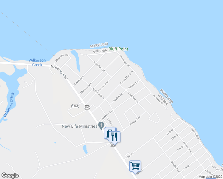 map of restaurants, bars, coffee shops, grocery stores, and more near 211 Santa Maria Avenue in Colonial Beach