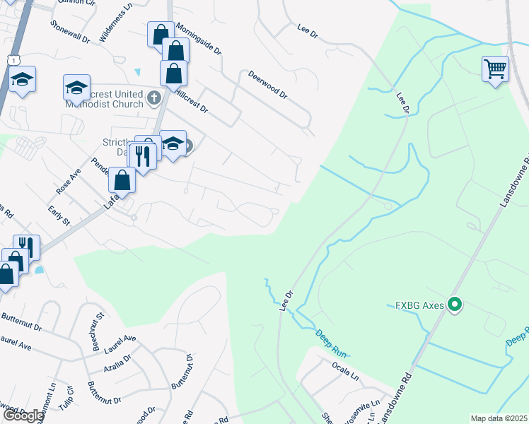 map of restaurants, bars, coffee shops, grocery stores, and more near 703 Olde Greenwich Circle in Fredericksburg