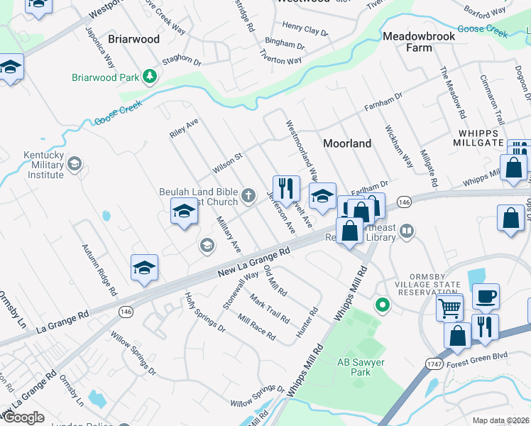 map of restaurants, bars, coffee shops, grocery stores, and more near 1625 Washington Boulevard in Louisville