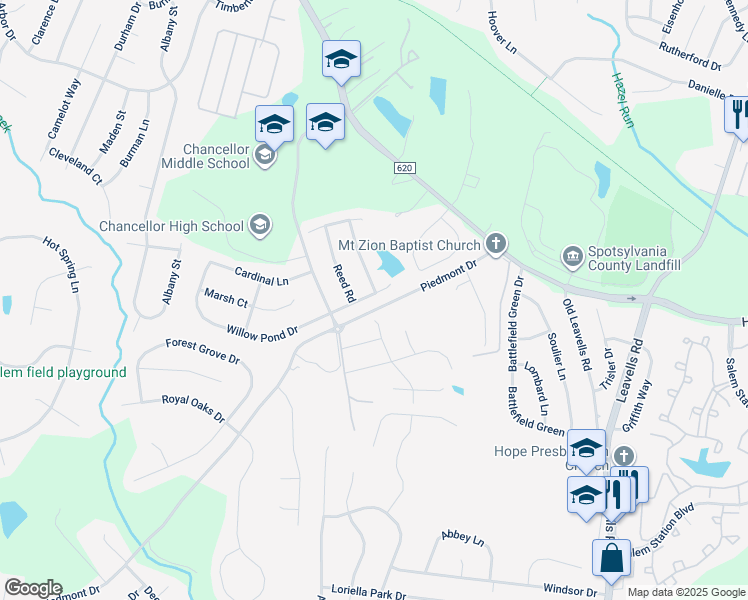 map of restaurants, bars, coffee shops, grocery stores, and more near 6400 Willow Pond Drive in Fredericksburg