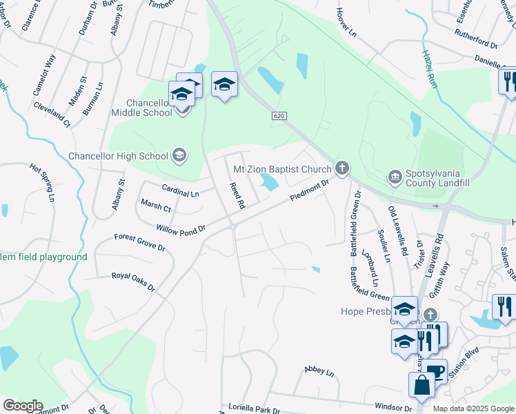 map of restaurants, bars, coffee shops, grocery stores, and more near 6400 Willow Pond Drive in Fredericksburg