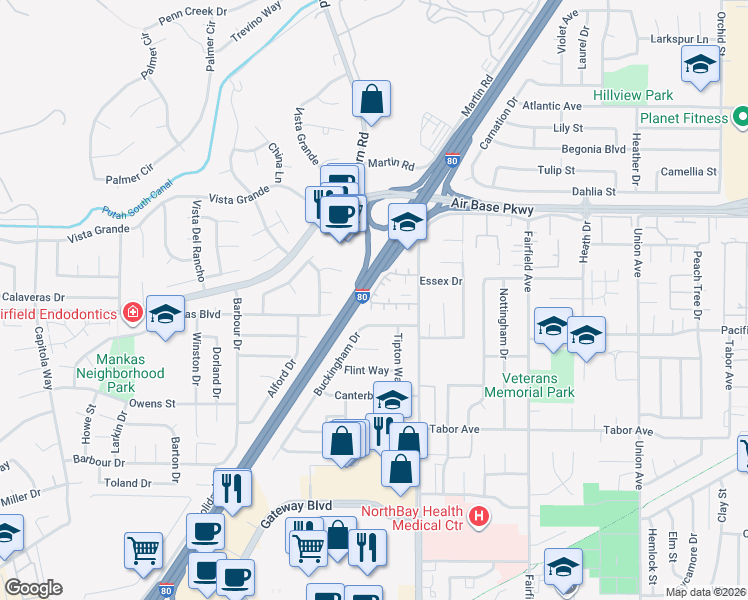 map of restaurants, bars, coffee shops, grocery stores, and more near 21 Del Prado Circle in Fairfield