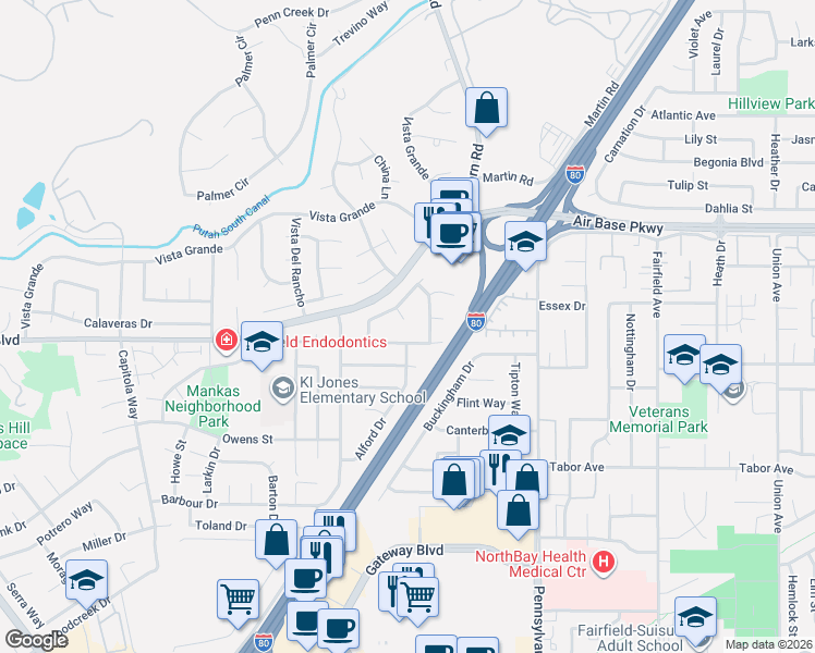 map of restaurants, bars, coffee shops, grocery stores, and more near 2438 Mankas Boulevard in Fairfield