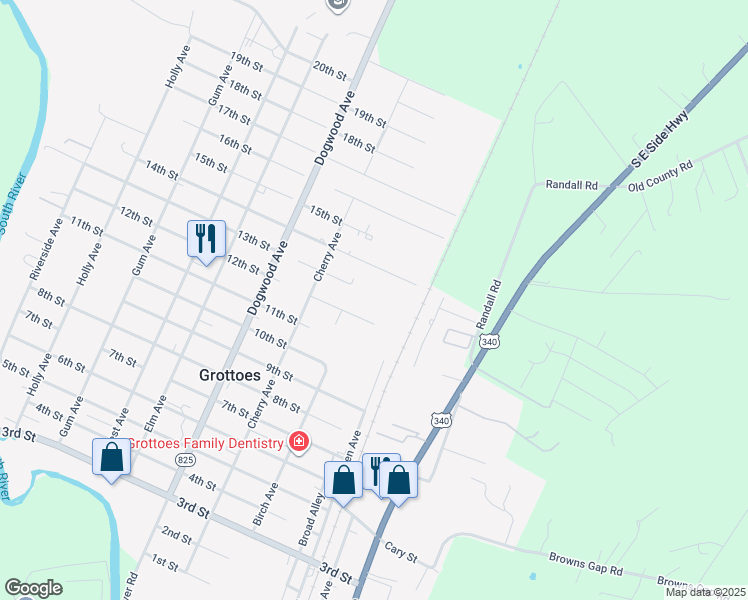 map of restaurants, bars, coffee shops, grocery stores, and more near 103 13th Street in Grottoes