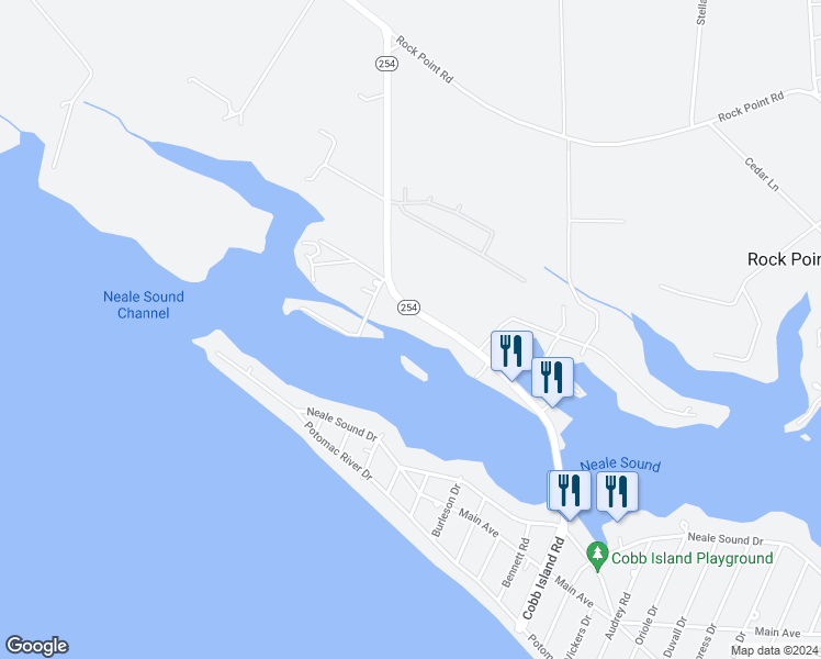 map of restaurants, bars, coffee shops, grocery stores, and more near 16091 Cobb Island Road in Newburg