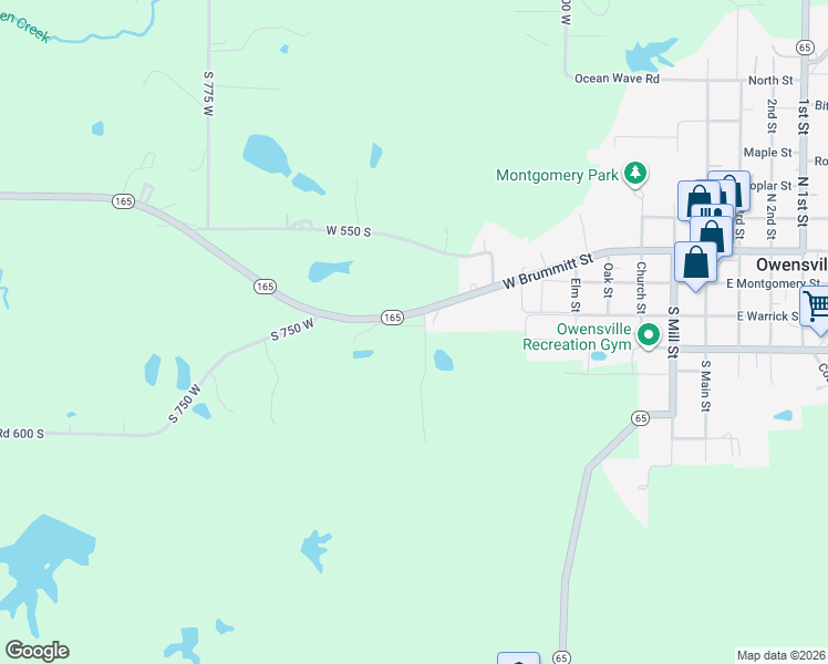 map of restaurants, bars, coffee shops, grocery stores, and more near 7336 Indiana 165 in Owensville