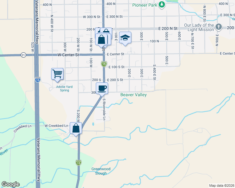map of restaurants, bars, coffee shops, grocery stores, and more near 110 East 300 South Street in Beaver