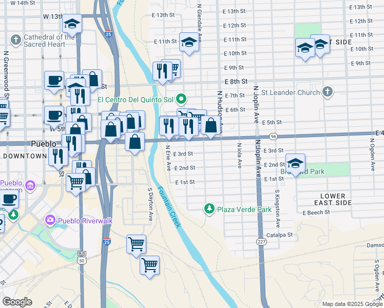 map of restaurants, bars, coffee shops, grocery stores, and more near 703 East 2nd Street in Pueblo