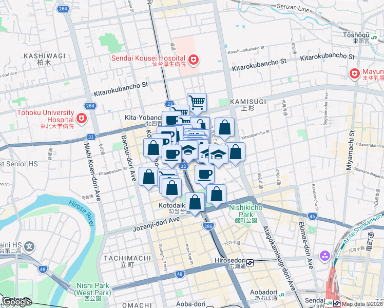 map of restaurants, bars, coffee shops, grocery stores, and more near in Sendai