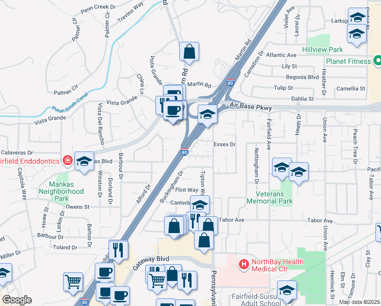 map of restaurants, bars, coffee shops, grocery stores, and more near 21 Del Prado Circle in Fairfield