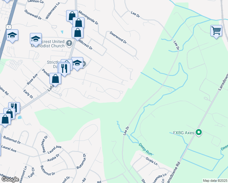 map of restaurants, bars, coffee shops, grocery stores, and more near 713 Olde Greenwich Circle in Fredericksburg