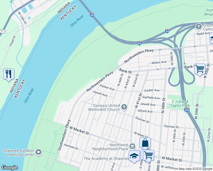 map of restaurants, bars, coffee shops, grocery stores, and more near 4420 Parker Avenue in Louisville