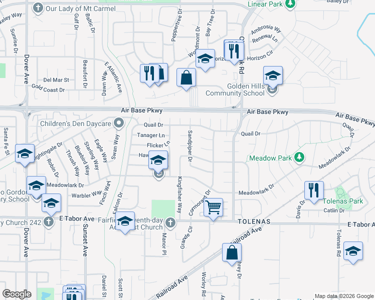 map of restaurants, bars, coffee shops, grocery stores, and more near 2225 Sandpiper Drive in Fairfield