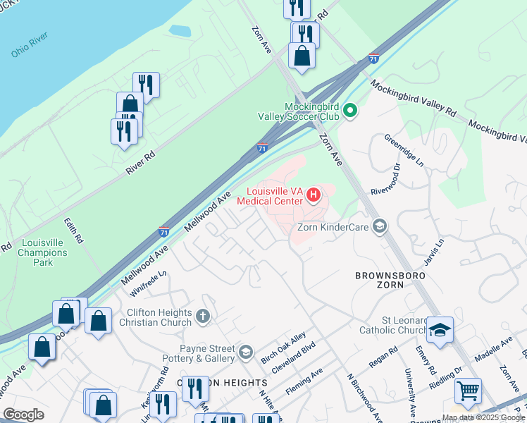 map of restaurants, bars, coffee shops, grocery stores, and more near 821 River Dell Drive in Louisville