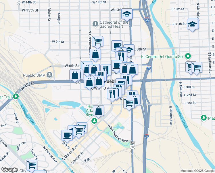 map of restaurants, bars, coffee shops, grocery stores, and more near 228 West 3rd Street in Pueblo