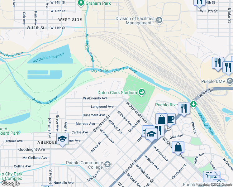 map of restaurants, bars, coffee shops, grocery stores, and more near 1126 West Abriendo Avenue in Pueblo