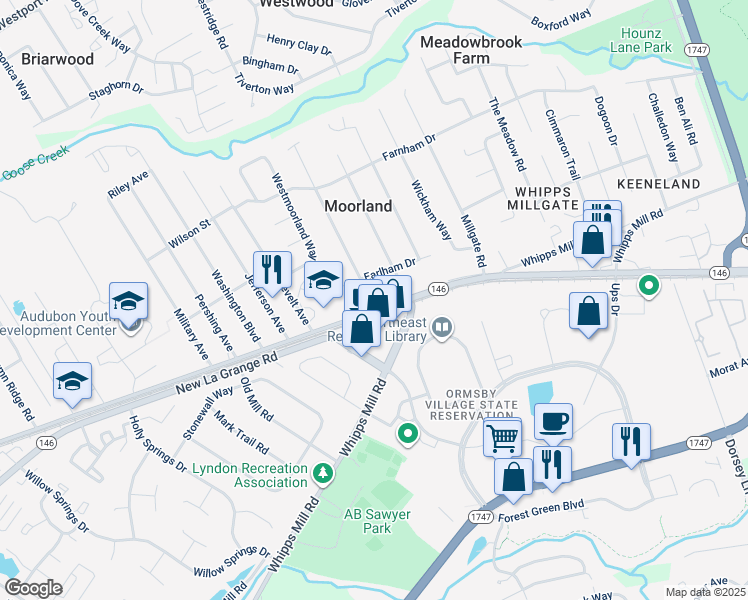 map of restaurants, bars, coffee shops, grocery stores, and more near in Moorland