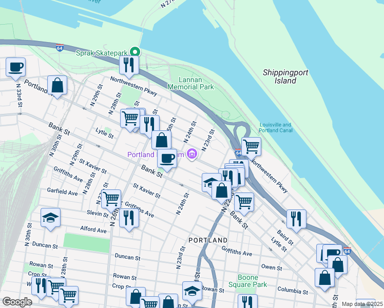 map of restaurants, bars, coffee shops, grocery stores, and more near 2308 Portland Avenue in Louisville
