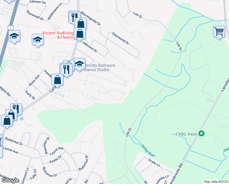 map of restaurants, bars, coffee shops, grocery stores, and more near 721 Olde Greenwich Circle in Fredericksburg