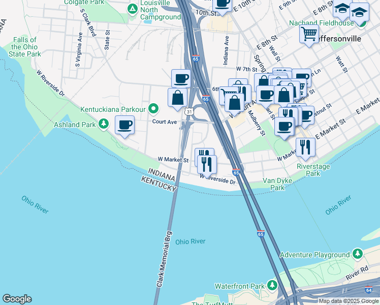 map of restaurants, bars, coffee shops, grocery stores, and more near 898 West Market Street in Jeffersonville
