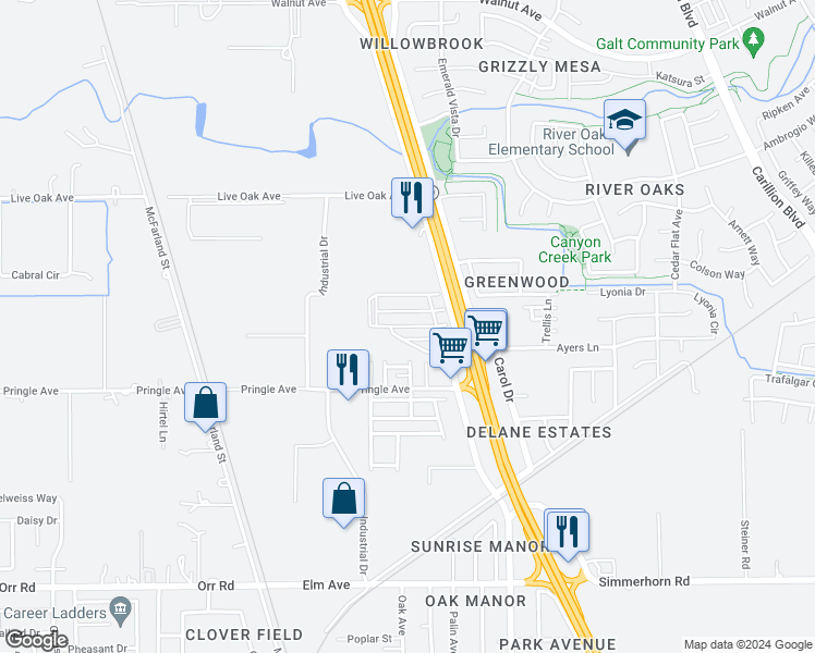 map of restaurants, bars, coffee shops, grocery stores, and more near 820 North Lincoln Way in Galt