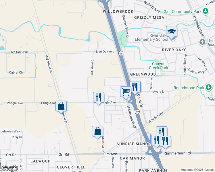 map of restaurants, bars, coffee shops, grocery stores, and more near 820 North Lincoln Way in Galt