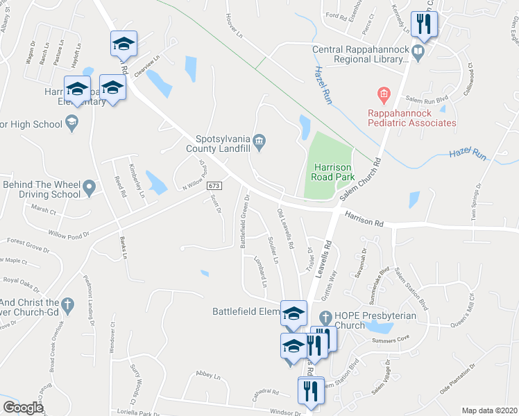 map of restaurants, bars, coffee shops, grocery stores, and more near 7043 Soulier Lane in Fredericksburg